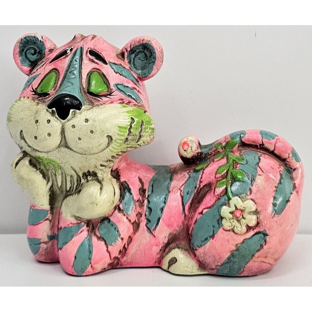 Vintage Ceramic Piggy Bank "OSL-1966" - Japan, 1966 Pink Tiger-Shaped  w/Cap